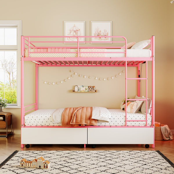 English Elm Bunk Bed Twin Iron Frame with Usb Charging Built in Guardrail and Convertible Design W3752P430826