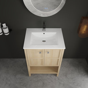English Elm 24" Freestanding Bathroom Vanity with Ceramic Sink, Oak Finish, 2 Soft-Closing Doors, Open Shelf Storage W1972S00023