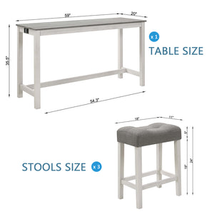 English Elm 4 Rustic Bar Table Set with Built-In Power, USB & Type-C, Water-Resistant Wood Grain Top, 59" L x 35.5" H Grey+White W1998P324488