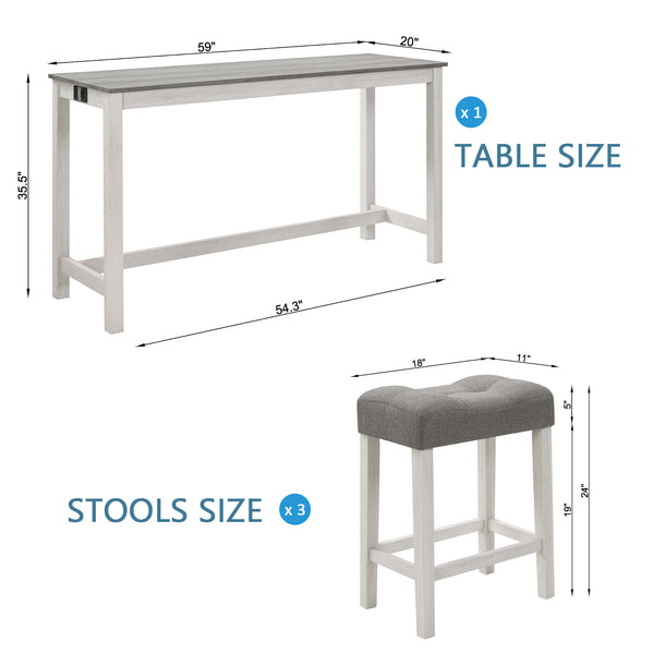 English Elm 4 Rustic Bar Table Set with Built-In Power, USB & Type-C, Water-Resistant Wood Grain Top, 59" L x 35.5" H Grey+White W1998P324488
