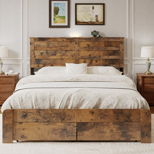 English Elm Queen-size Storage Bed Weathered Wood Platform Frame with Usb Charging Headboard W636P430769
