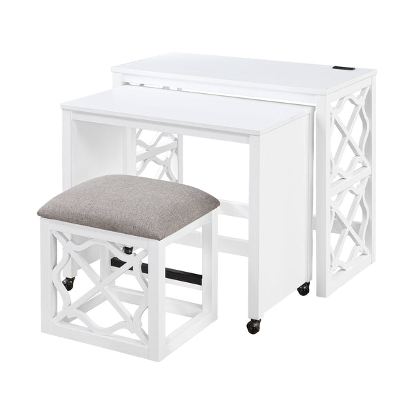 English Elm Desks 3-Piece Set with Rolling Small Desk, Upholstered Stool & Large Stationary Desk for Compact Workspaces White 38.5 L x 21.5 W x 17.5 H B011P287469