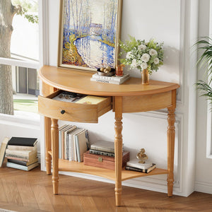 English Elm Trexm Farmhouse Half Moon Entryway Console with Drawer Open Shelf Pine Legs N715P383795D