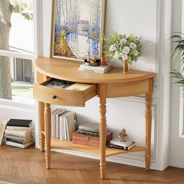 English Elm Trexm Farmhouse Half Moon Entryway Console with Drawer Open Shelf Pine Legs N715P383795D