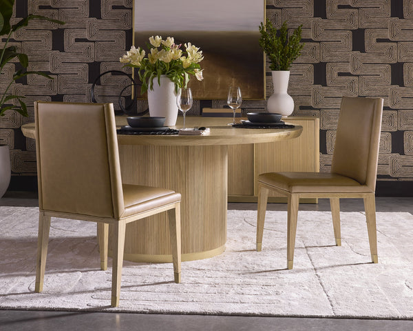 Sunpan Kalla Dining Chair Set of 2 - Stylish Milliken Cognac Upholstery, Rustic Oak Base & Gold Caps