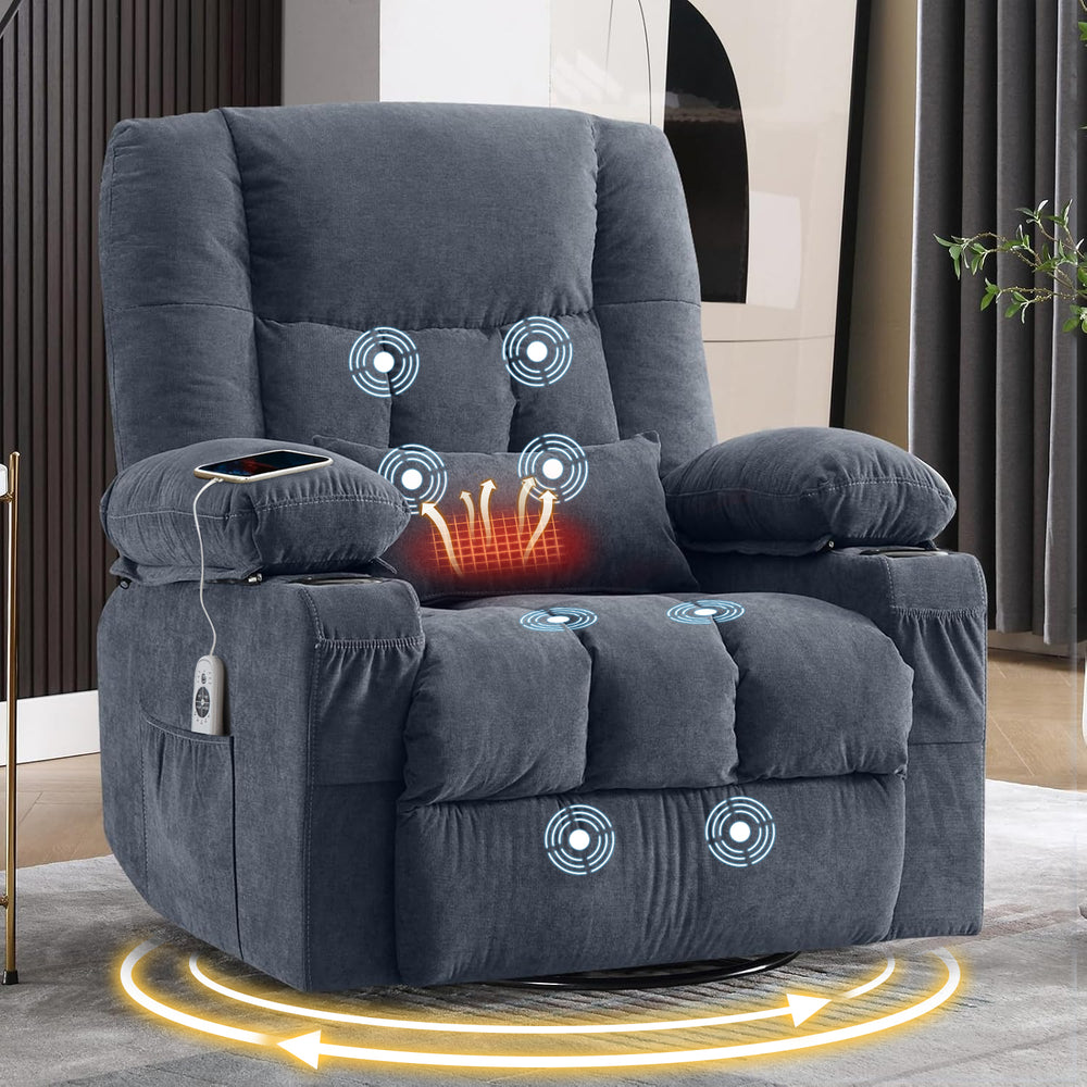 English Elm Massage Swivel Rocker Recliner with Heat Lumbar Relief and Usb Port for Living Room Blue W1521P478306