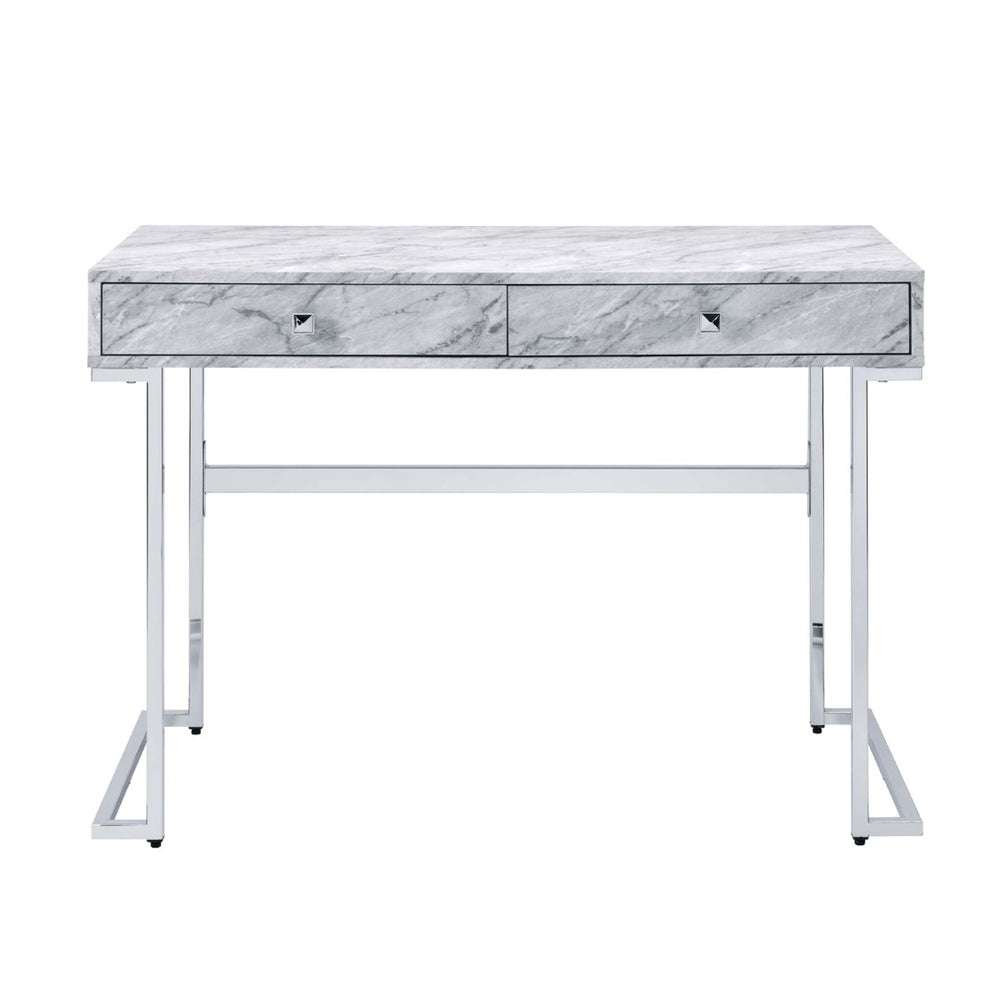 English Elm Rectangular Modern Writing Desk With Chrome Base And Luxe White Faux Marble Top For Stylish Offices B016P311828-GIGA