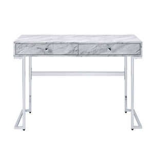 English Elm Rectangular Modern Writing Desk With Chrome Base And Luxe White Faux Marble Top For Stylish Offices B016P311828-GIGA