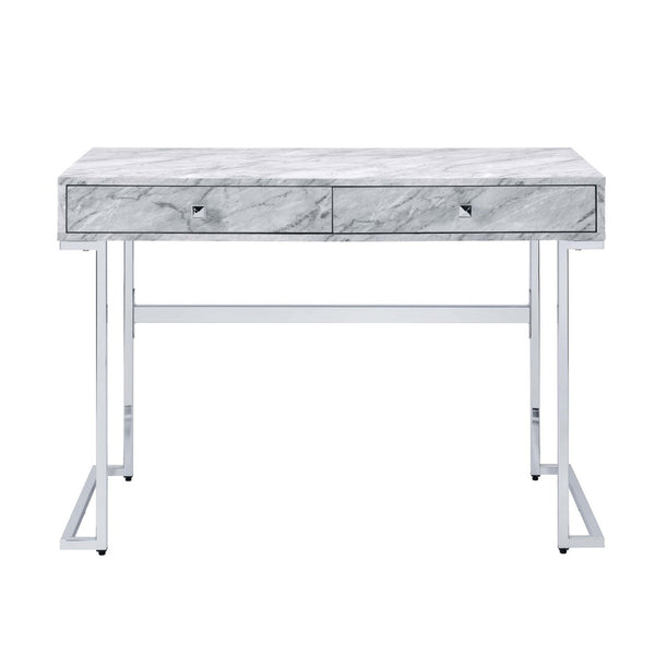 English Elm Rectangular Modern Writing Desk With Chrome Base And Luxe White Faux Marble Top For Stylish Offices B016P311828-GIGA