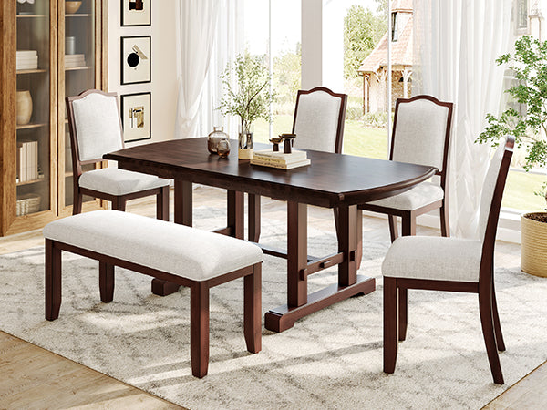 English Elm 60"-78" Extendable Dining Table with Removable Leaf, Solid Wood Farmhouse Kitchen Table for 4-8 Guests, Durable Finish and Easy Care Guidance Cherry N752P271802C