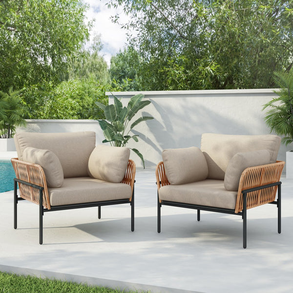 English Elm Christopher Knight Home® - [Set Of 2] 36" Beige Rope Iron Lounge Chairs With Cushions - Perfect For Indoor & Outdoor Spaces N767P237035N_2