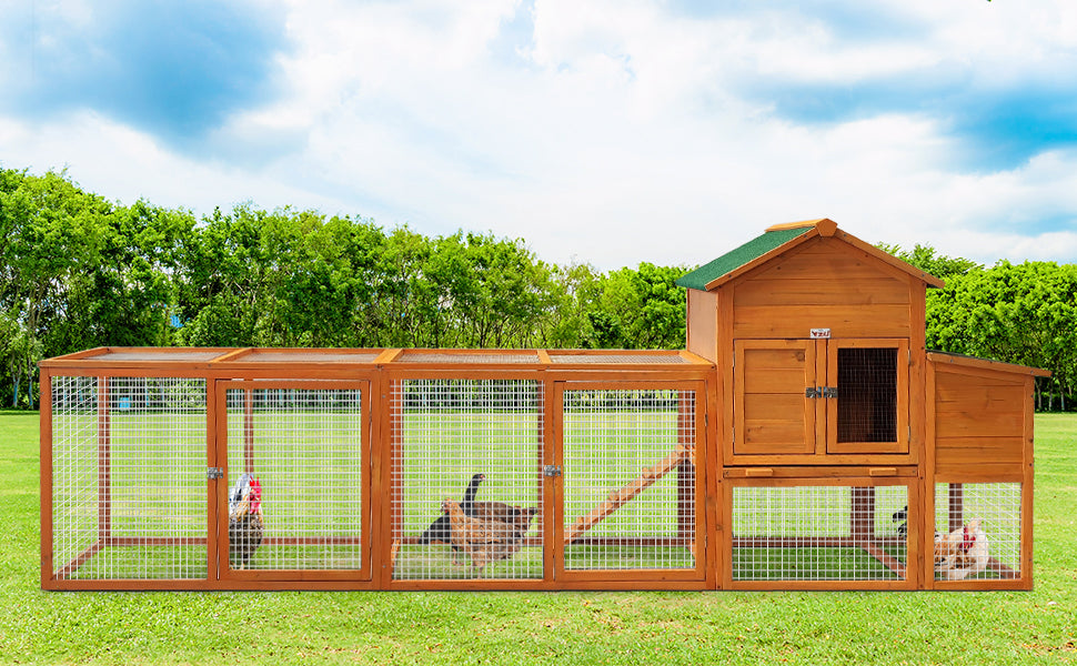 English Elm 123'' Fir Wood Chicken Coop Nesting Boxes Mesh Run Ramp and Tray for 8 Hens W3166P288596
