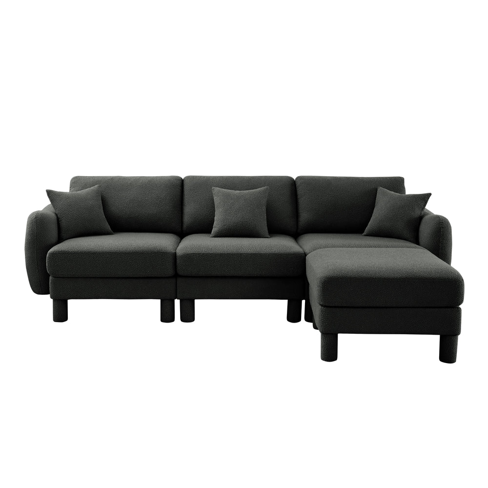 English Elm Boucle Fabric Convertible L-Shaped Sectional Sofa With Shell Armrests & Removable Ottoman, Dark Grey W3041S00301