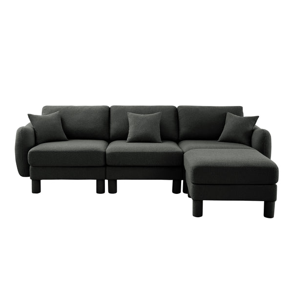 English Elm Boucle Fabric Convertible L-Shaped Sectional Sofa With Shell Armrests & Removable Ottoman, Dark Grey W3041S00301