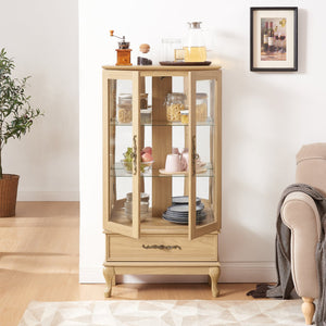 English Elm Curio Lighted Glass Display Cabinet with Adjustable Shelves, Vintage Drawer & Carved Metal Handle, Dark Finish Light Oak W2275P199814