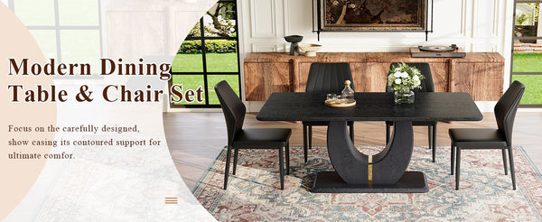 English Elm One 5 Piece Dining Set 63 Inch Table Dark Wood Grain Top with Brown Fabric Chairs Black W1151S04433