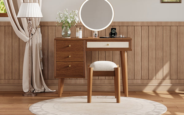 English Elm 39" Retro Bohemian Makeup Vanity Set with Rattan Drawers, USB Charging Port, Cushioned Stool, 4-Drawer Storage Walnut 44.1 L x 18.75 W x 10.5 H N733P180011D