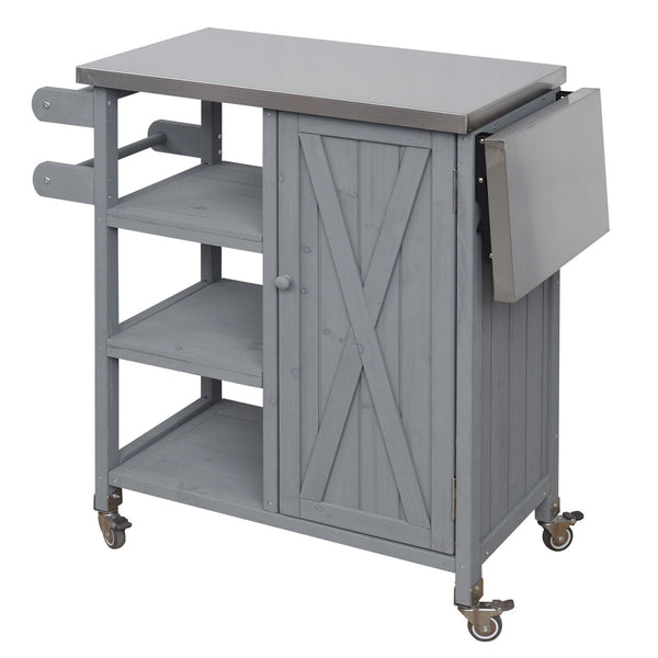 English Elm Foldable Outdoor Kitchen Cart with Stainless Worktop Fir Wood Frame and Lockable Wheels Grey N719P380281K