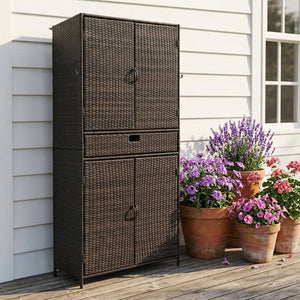 English Elm K&k Tall Arched Pe Rattan Outdoor Storage Cabinet with Adjustable Shelves and Steel Frame Brown+Black N707P420102D