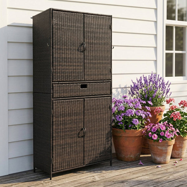 English Elm K&k Tall Arched Pe Rattan Outdoor Storage Cabinet with Adjustable Shelves and Steel Frame Brown+Black N707P420102D