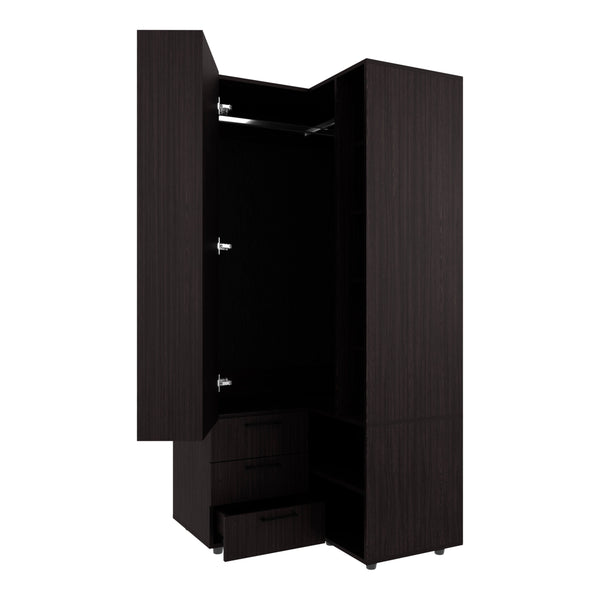 English Elm Wenge Armoire Wardrobe with Open Storage, 7 Shelves & 3 Drawers for Organized, Spacious Living B062S01284
