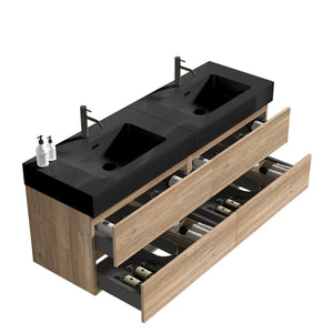 English Elm Grace 60" Bathroom Vanity Wall-Mounted Floating Mid-Century Modern Walnut Grille, Quiet Soft-Close Drawers and One-Piece White Basin (ECO) Black+Brown W1865S00168