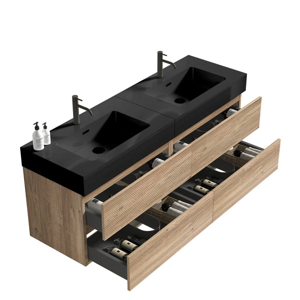English Elm Grace 60" Bathroom Vanity Wall-Mounted Floating Mid-Century Modern Walnut Grille, Quiet Soft-Close Drawers and One-Piece White Basin (ECO) Black+Brown W1865S00168