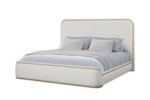 English Elm Queen Upholstered Bed Rounded Headboard Tailored Trim Low Profile Neutral Fabric Frame B2699S00080