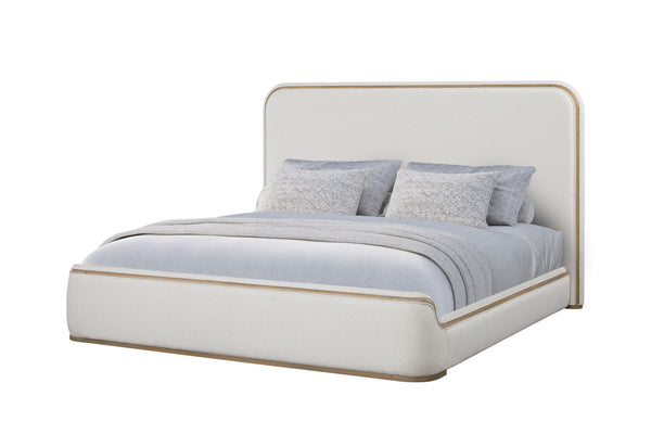 English Elm Queen Upholstered Bed Rounded Headboard Tailored Trim Low Profile Neutral Fabric Frame B2699S00080