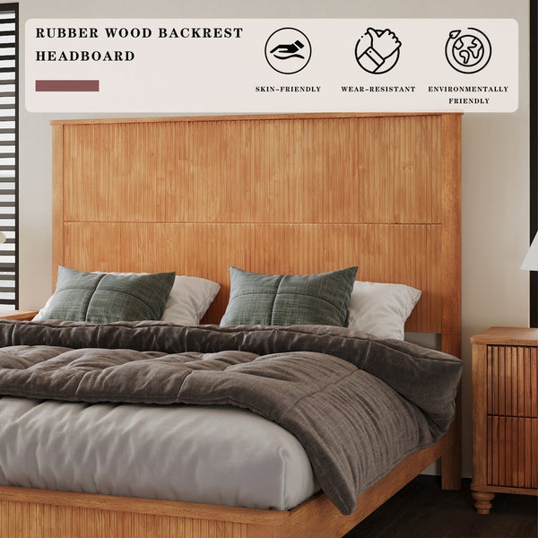English Elm Solid Rubberwood Queen Platform Bed Tall Headboard Vertical Grain No Box Spring Natural W5819S00004