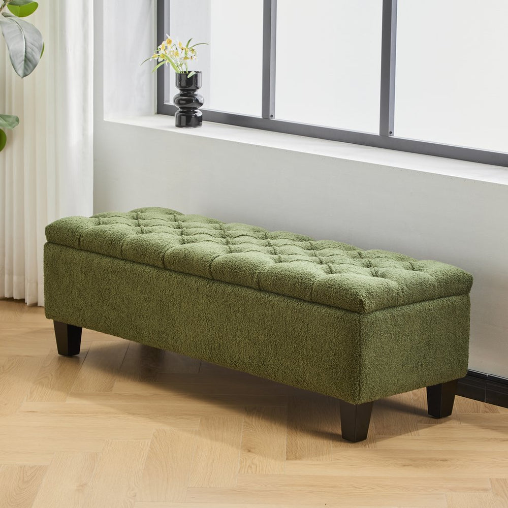 English Elm Ottoman Storage Bench Boucle Upholstered with Tufted Lid and Rubberwood Legs for Bedroom N779P369512G
