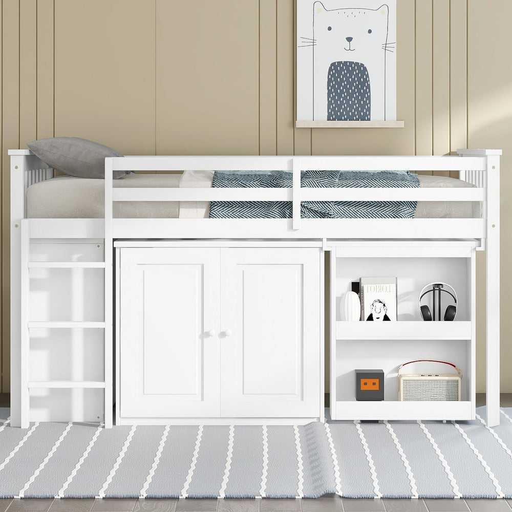 English Elm Twin Loft Bed Rubberwood Frame Pull Out Desk Storage Cabinet and Shelf Kids Room White W504S00288