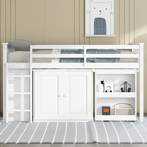 English Elm Twin Loft Bed Rubberwood Frame Pull Out Desk Storage Cabinet and Shelf Kids Room White W504S00288