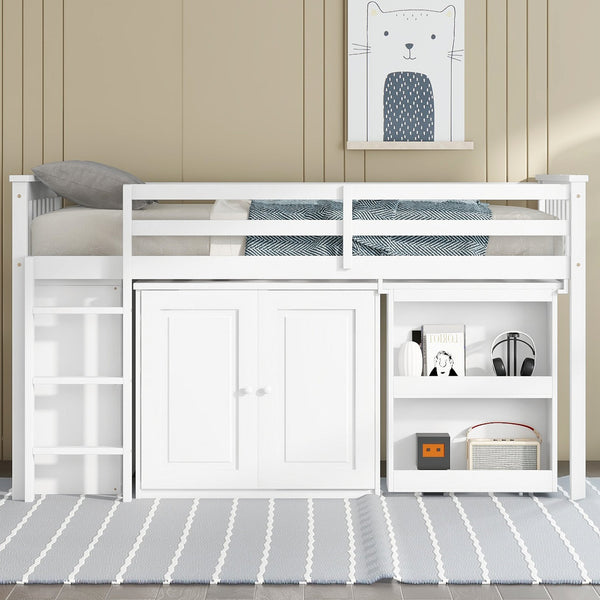 English Elm Twin Loft Bed Rubberwood Frame Pull Out Desk Storage Cabinet and Shelf Kids Room White W504S00288