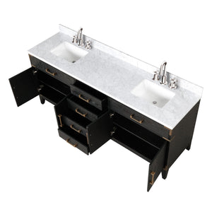 English Elm Black Oak Double Bath Vanity With Carrara Marble Top, Chrome Faucet, And Ample Storage Solutions B2731P260965