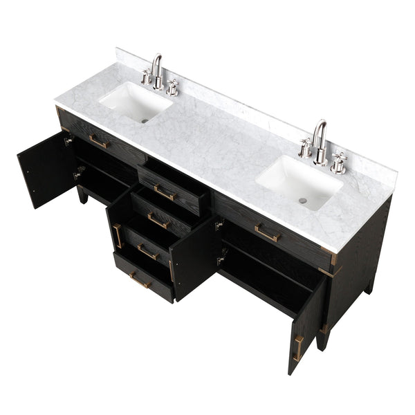 English Elm Black Oak Double Bath Vanity With Carrara Marble Top, Chrome Faucet, And Ample Storage Solutions B2731P260965