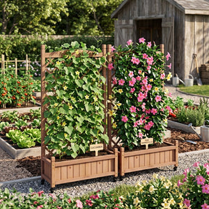 English Elm Raised Wood Planter Boxes with Integrated Trellis for Climbing Vines Set of Two D720094446