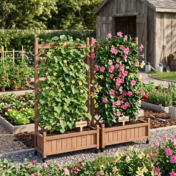 English Elm Raised Wood Planter Boxes with Integrated Trellis for Climbing Vines Set of Two D720094446