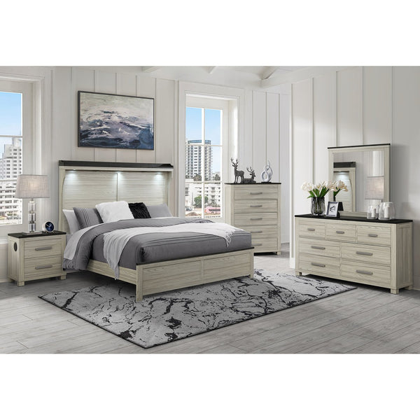 English Elm Augusta Solid Wood Full Bed with Lit Panel Headboard, Low Profile Sturdy Construction, Stylish Beige+Brown 60.83 L x 10.24 W x 49.41 H B201S00392
