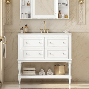 English Elm 36" Bathroom Vanity with Sink Combo, 36" Ceramic Undermount Basin, Solid Wood Frame, 4 Drawers, Waterproof Painted Finish White N710P250654K