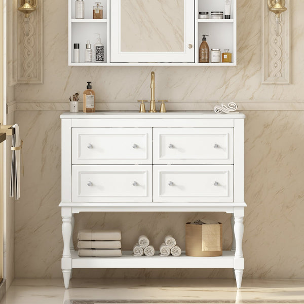 English Elm 36" Bathroom Vanity with Sink Combo, 36" Ceramic Undermount Basin, Solid Wood Frame, 4 Drawers, Waterproof Painted Finish White N710P250654K