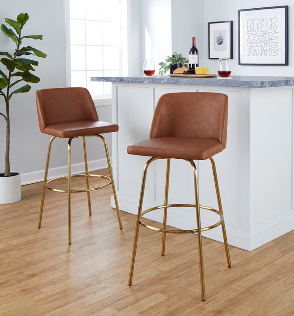 English Elm 30" Swivel Barstools Set of 2 Grey Fabric Gold Footrest Black Metal Kitchen Counter B202S00687