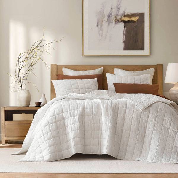 English Elm 3-piece French Linen Quilt Set King Garment Washed Box Stitch Breathable Bedding White B035P408296