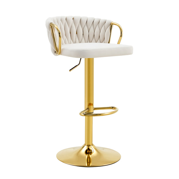 English Elm Set of 2 Velvet Swivel Barstools with Braided Rope Back and Adjustable Pedestal Base Beige,Gold W3875P383938