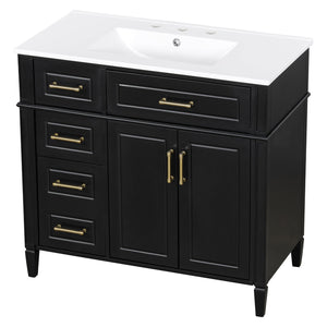 English Elm 36 Inch Freestanding Bathroom Vanity Sage Pine Cabinet Gold Hardware Ceramic Sink Black N725P366466B