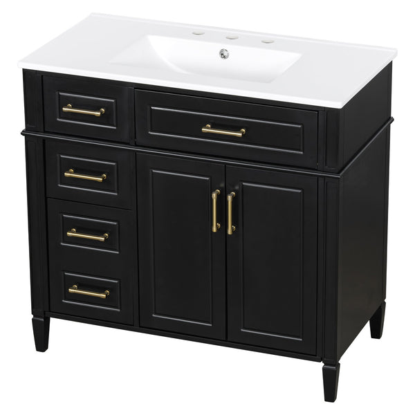 English Elm 36 Inch Freestanding Bathroom Vanity Sage Pine Cabinet Gold Hardware Ceramic Sink Black N725P366466B
