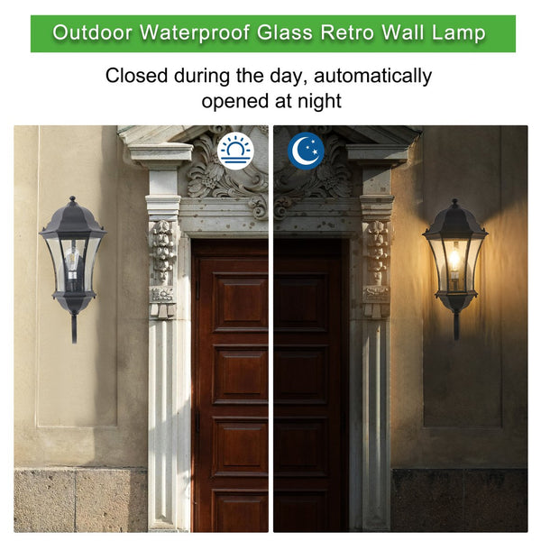 English Elm 27"(H) Outdoor Wall Lantern with Dusk-to-Dawn Sensor, Black Weatherproof Seed Glass Vintage Sconce W1340P239407