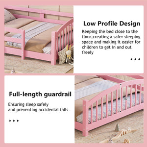 English Elm Twin Montessori Floor Bed Solid Pine Frame with Safety Guardrails for Kids Bedroom Pink N733P400298H