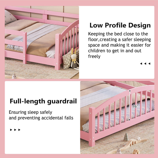 English Elm Twin Montessori Floor Bed Solid Pine Frame with Safety Guardrails for Kids Bedroom Pink N733P400298H