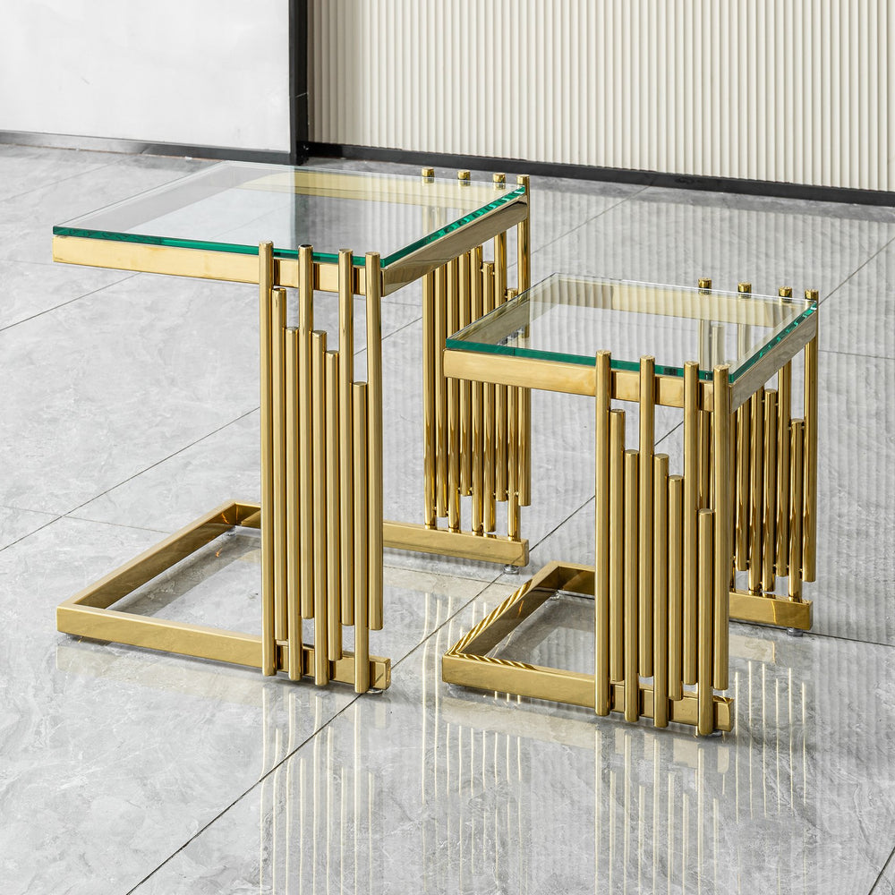 English Elm Luxury Gold Pvd Steel Rectangular Dining Table with Black Tempered Glass Seats Six W2723S00093